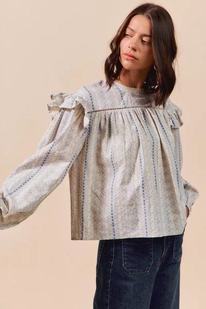 SO ME Floral Cotton Print Ruffled Long Sleeve Blouse