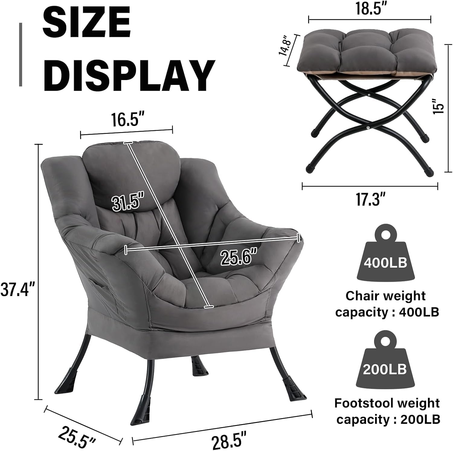 Dark Grey Lazy Chair With Ottoman Armrests Footstool-1