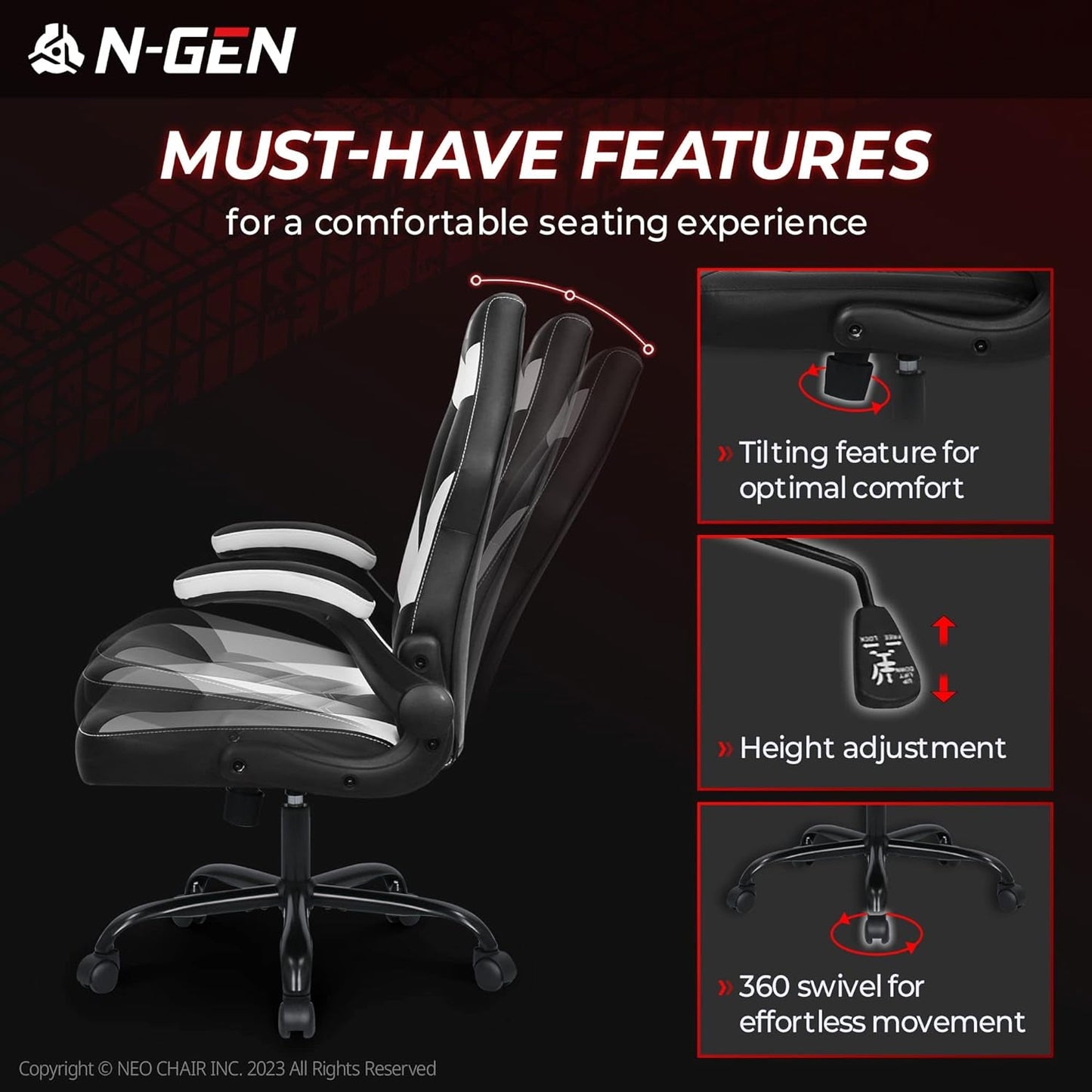 N-GEN Video Gaming Computer Chair Ergonomic Office Chair Desk Chair with Lumbar Support Flip up Arms Adjustable Height Swivel PU Leather Executive with Wheels for Adults Women Men (White)-4