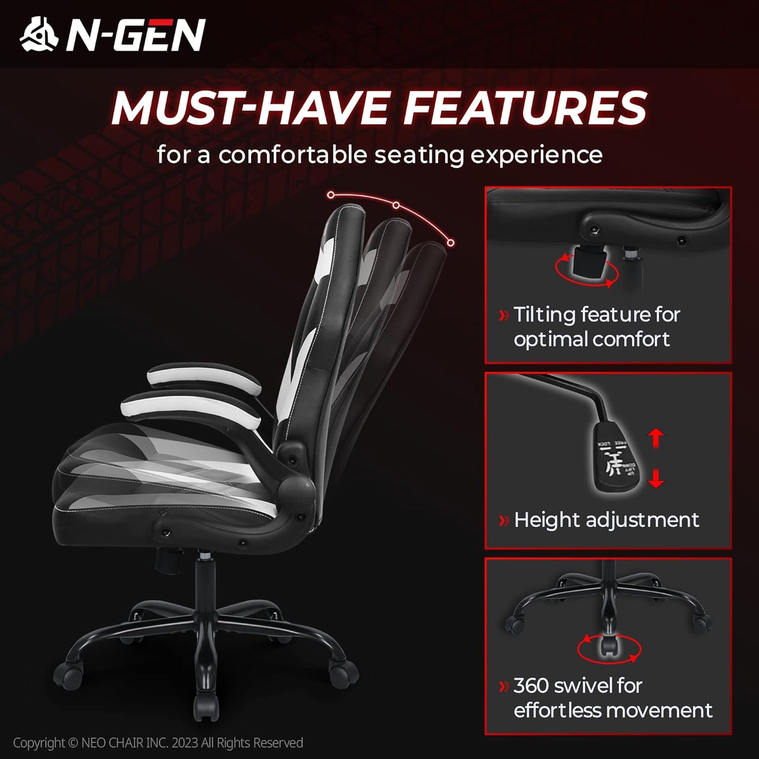 N-GEN Video Gaming Computer Chair Ergonomic Office Chair Desk Chair with Lumbar Support Flip up Arms Adjustable Height Swivel PU Leather Executive with Wheels for Adults Women Men (White)-4