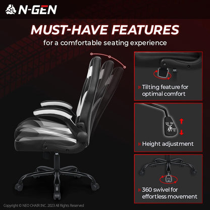 N-GEN Video Gaming Computer Chair Ergonomic Office Chair Desk Chair with Lumbar Support Flip up Arms Adjustable Height Swivel PU Leather Executive with Wheels for Adults Women Men (White)-4