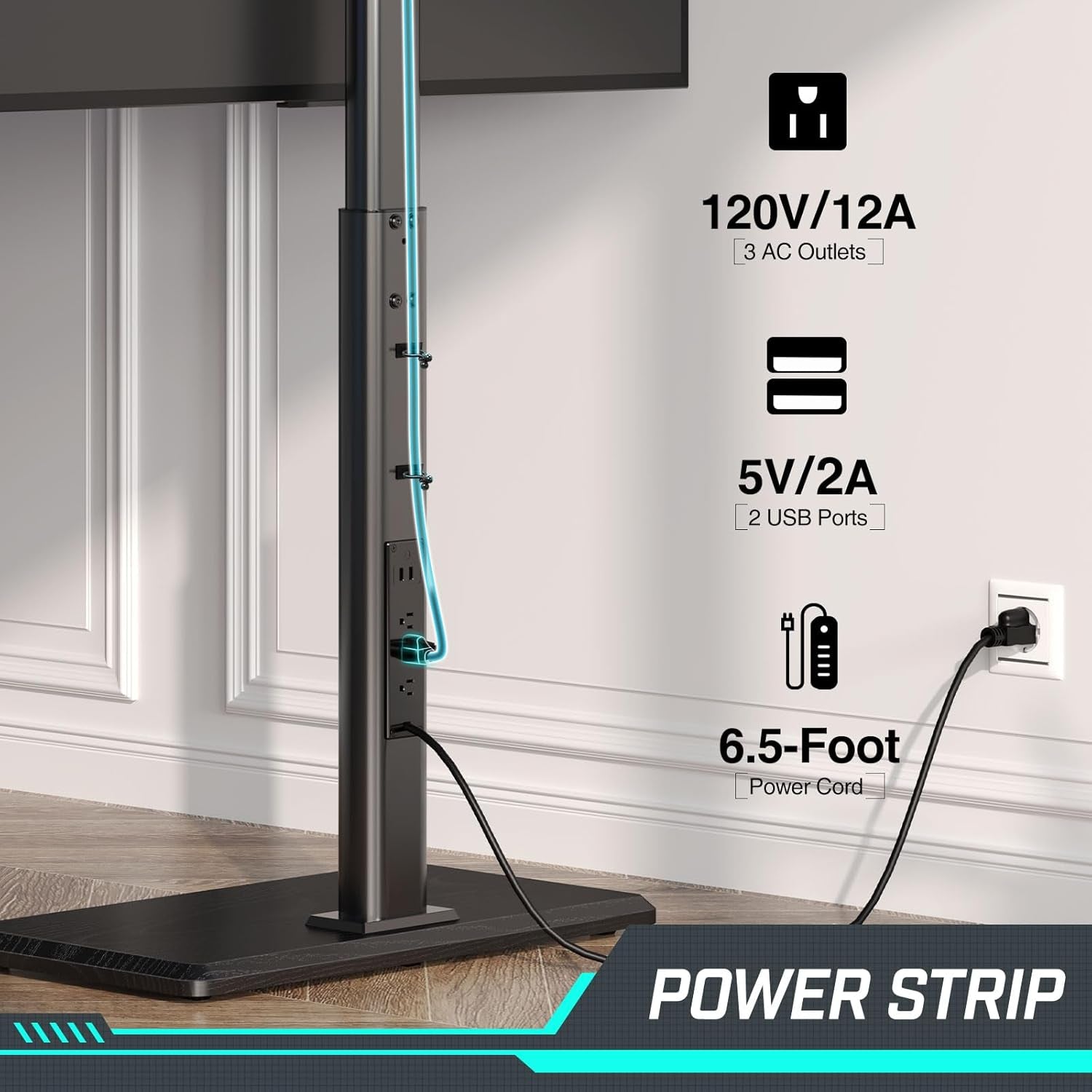 TV Stand with Power Outlet, Universal Floor TV Stand for 32-75 Inch Tvs, Height Adjustable, Swivel Tall TV Stand with Wood Base, Holds up to 110 Lbs, Max VESA 600X400Mm-3