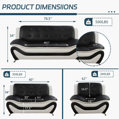 Contemporary Living Room Furniture Set, Vegan Leather Sofa Set for Living Room/House/Bedroom/Office/Apartment (White/Black, 3 PCS), F45&F46-1