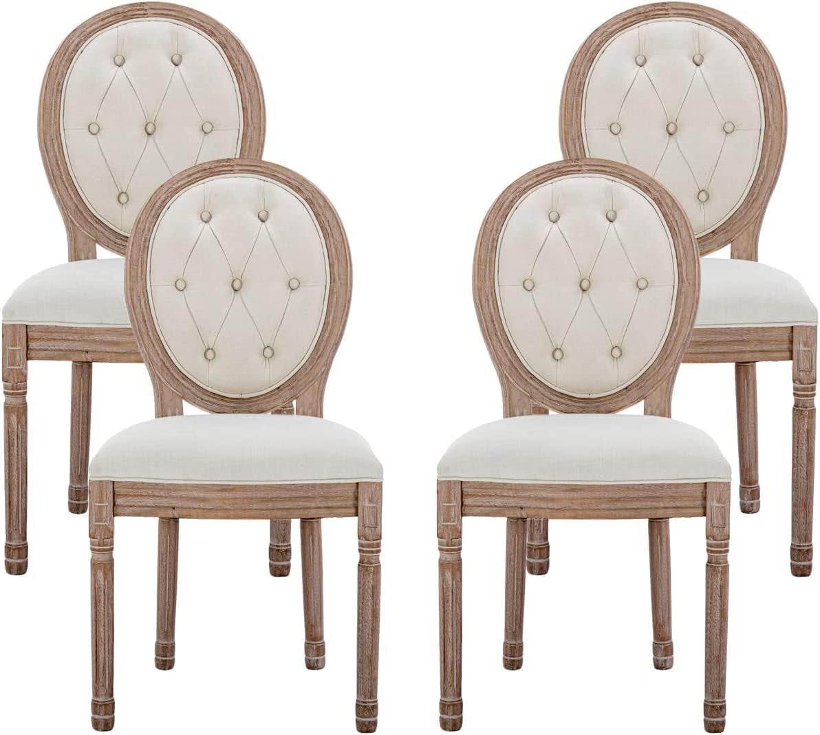 French Country Set of 4, Farmhouse Dining Chairs with round Button Back, Solid Wood Legs, French Dining Chairs for Kitchen/Bedroom/Dining Room-0