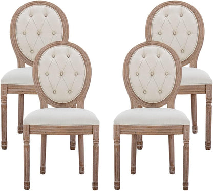 French Country Set of 4, Farmhouse Dining Chairs with round Button Back, Solid Wood Legs, French Dining Chairs for Kitchen/Bedroom/Dining Room-0