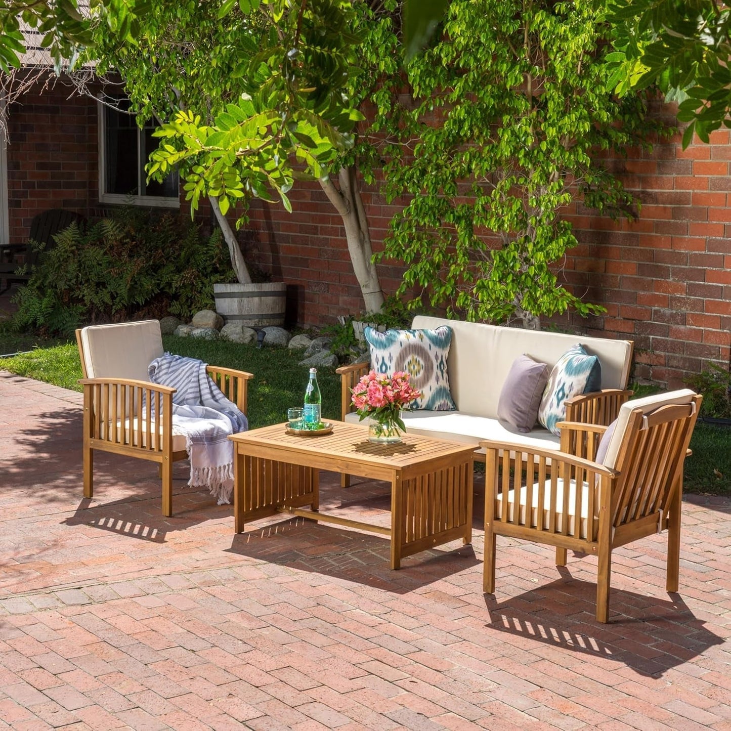 Patio Furniture Set 4 Pieces Outdoor Acacia Wood Conversation Sets with Coffee Table & Cushions, Garden Conversation Bistro Sets for Patio, Lawn, Yard, Pool or Backyard, Brown-2