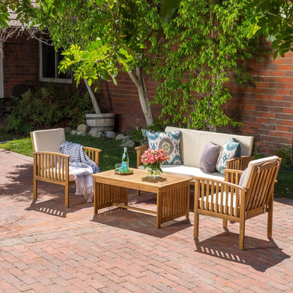 Patio Furniture Set 4 Pieces Outdoor Acacia Wood Conversation Sets with Coffee Table & Cushions, Garden Conversation Bistro Sets for Patio, Lawn, Yard, Pool or Backyard, Brown-2