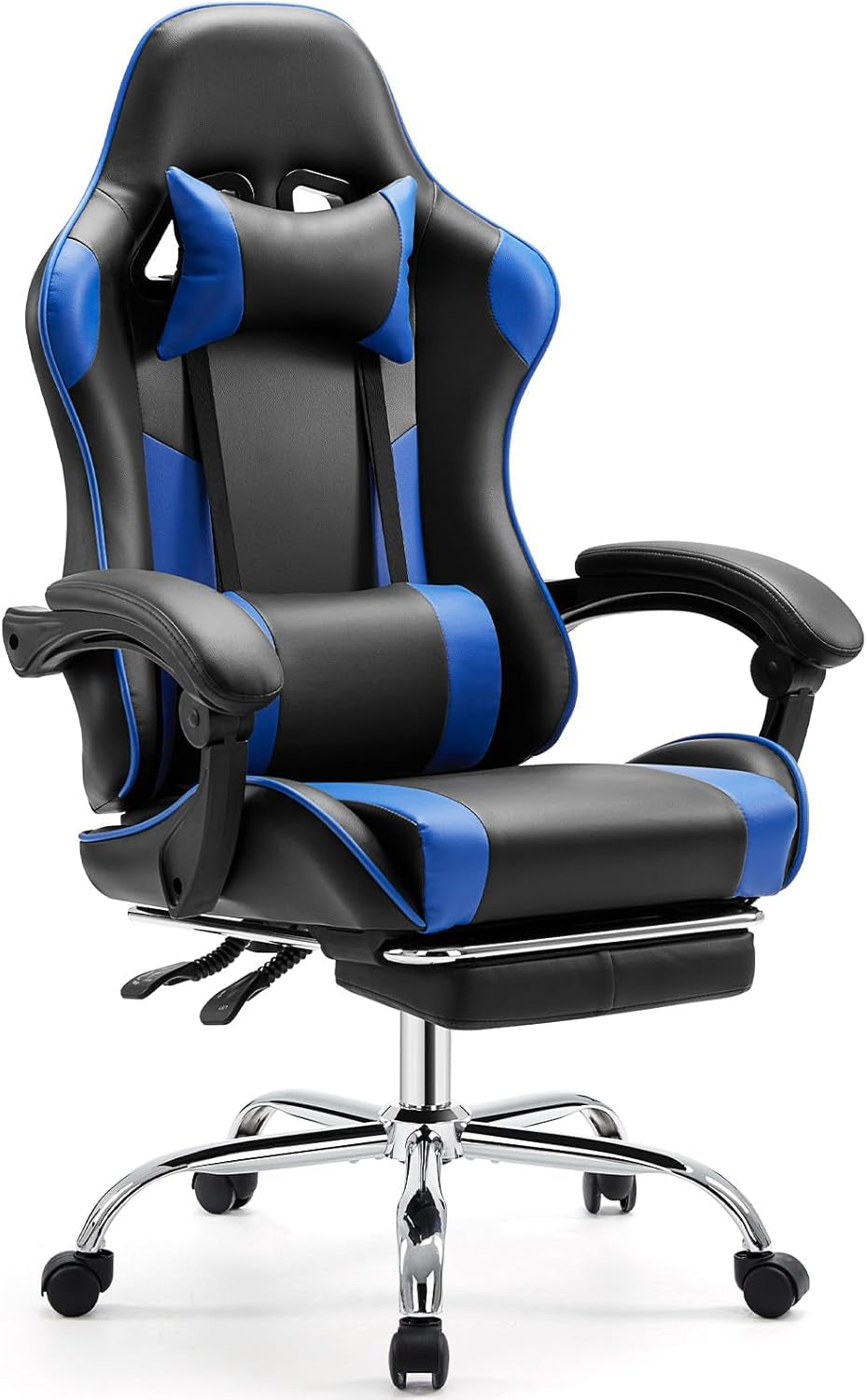 Video Game Desk Chair - Ergonomic Computer with Footrest and Comfy Lumbar Support, PU Leather Recliner with Headrest, Fixed up Armrest, Height Adjustable with 360° Swivel, for Adults, Blue-0