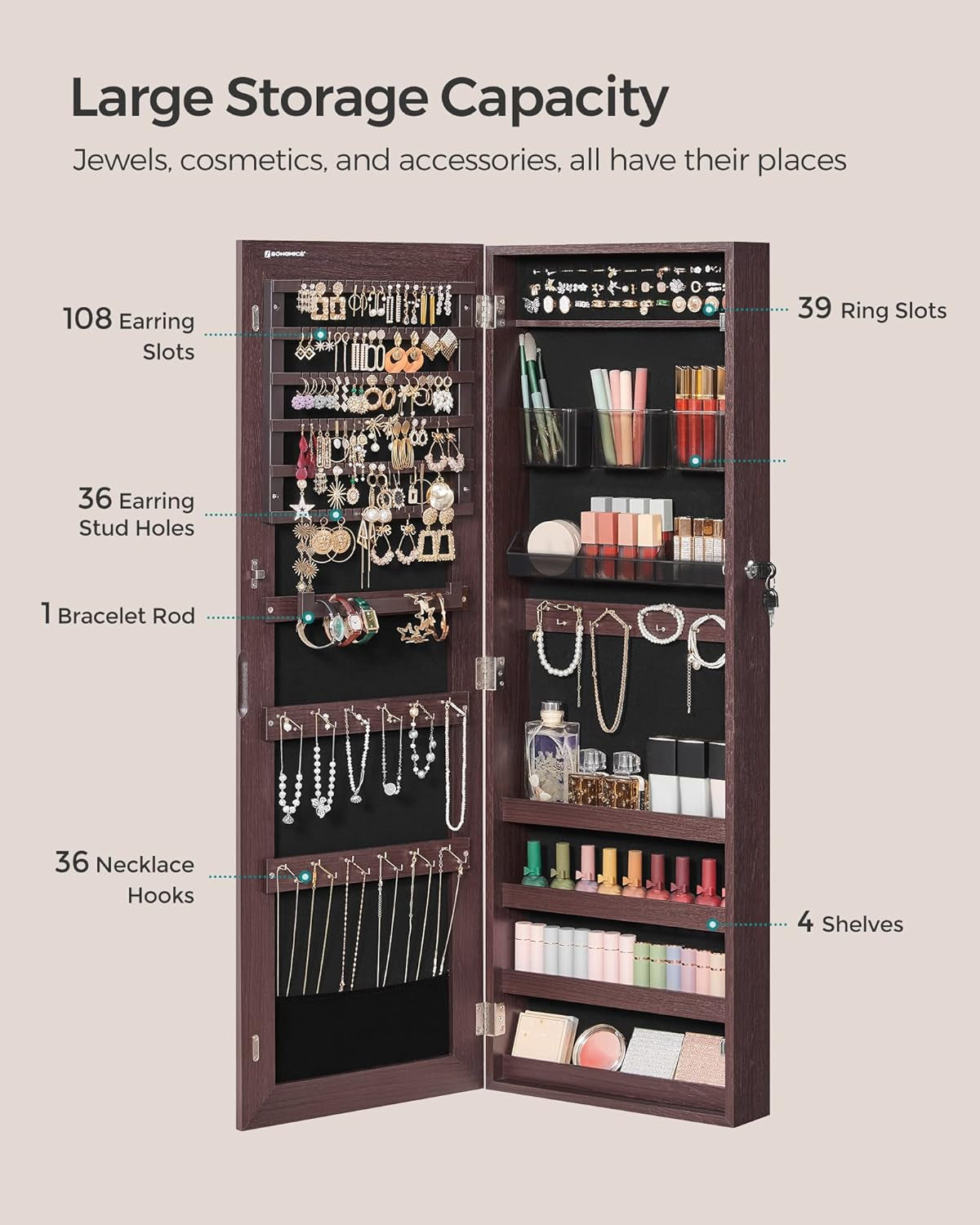 Jewelry Cabinet Armoire, Lockable Wall-Mounted Organizer Unit with 2 Plastic Cosmetic Storage Trays, Full-Length Frameless Mirror, Brown UJJC001K01-2