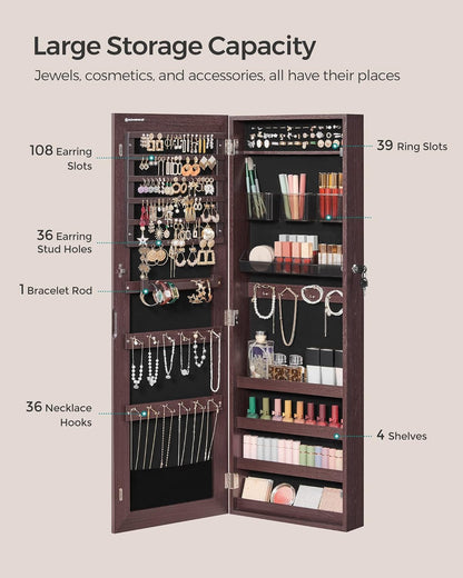 Jewelry Cabinet Armoire, Lockable Wall-Mounted Organizer Unit with 2 Plastic Cosmetic Storage Trays, Full-Length Frameless Mirror, Brown UJJC001K01-2
