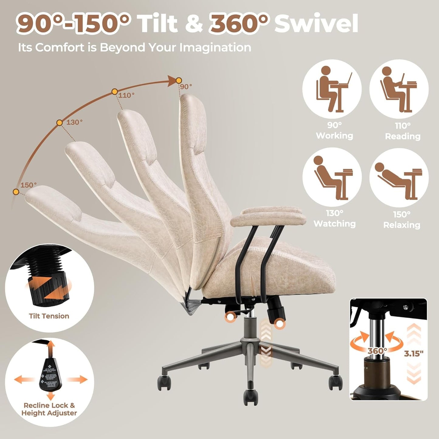 Ergonomic Home Office Chair, Mid-Century Modern Leather Chair with Lumbar Support, High Back Swivel Rolling Executive Chair, Comfy Task Computer Desk Chair (Beige, Suede Leather)-3