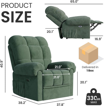 Upgraded 2024 New Power Recliner Chair for Adults, Adjustable Electric Chair Power Reclining Sofa, USB Port, Ultra-Comfy Corduroy Recliner for Living Room, Tool-Less Assembly Single Sofa Green-1