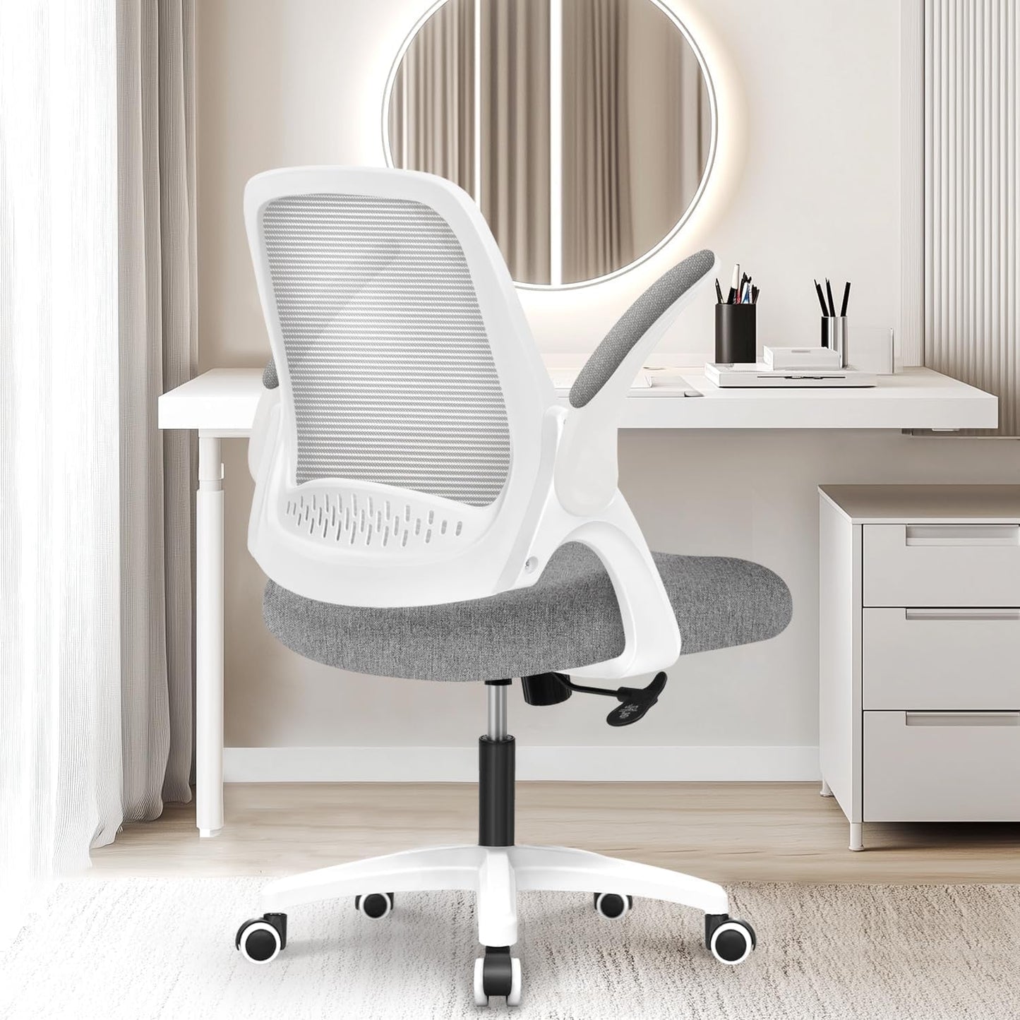 Office Desk Computer Gaming Chair with Ergonomic Lumbar Back Support Flip-Up Padded Armrest Adjustable Height and Wheels for Home or Office (Grey)-0