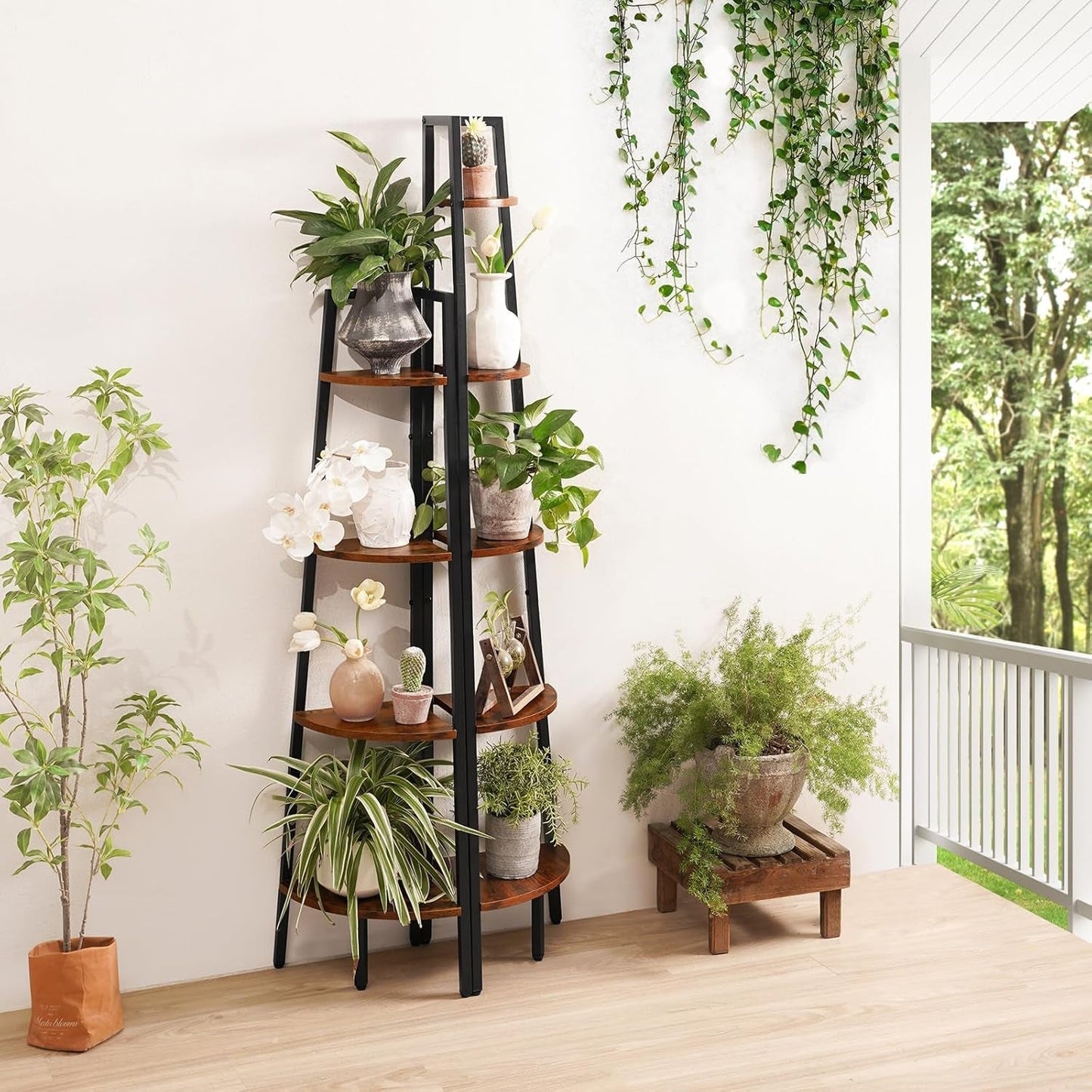 4-Tier Corner Bookshelf with Metal Frame - Ladder Display Shelf for Bedroom and Living Room, Tall Wood Corner Bookcase and Plant Stand-1