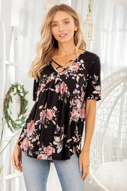 Heimish Full Size Crisscross Neck Floral Babydoll Top Plus Size