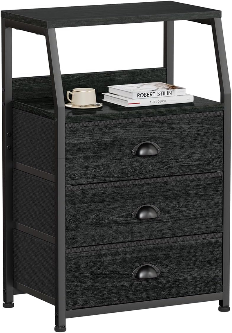 Black Night Stand, Small Dresser for Bedroom, Nightstand with 3 Fabric Storage Drawers and 2-Tier Shelf, End Table Side Furniture for Closet, Hallway, Nursery, Sturdy Steel Frame, Wood Top-0