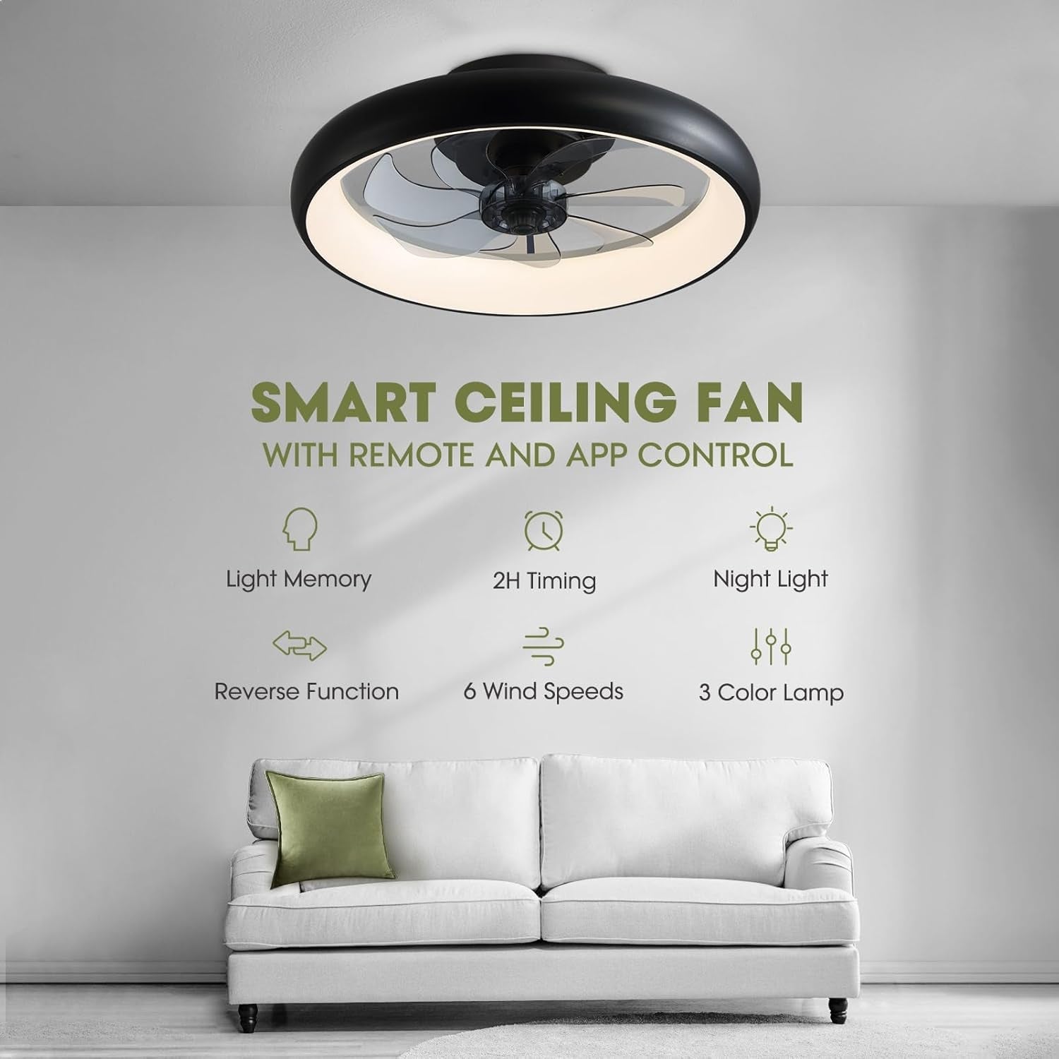 Ceiling Fans with Lights, Flush Mount Ceiling Fan with Alexa/Google Assistant/App Control, Low Profile Ceiling Fan with 6 Wind Speeds, LED Ceiling Fan for Bedroom, Kitchen 20“ (Black)-2