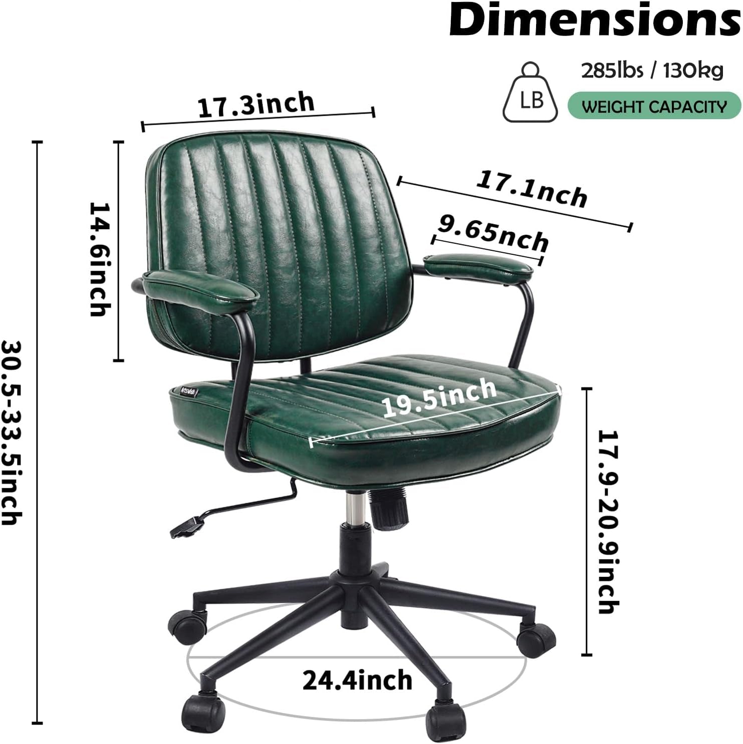 Mid Century Office Chair Leather Desk Chair Green Office Desk Chair Home Office Chair with Wheels and Arms-1