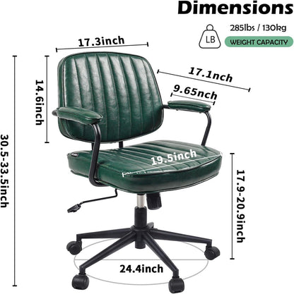 Mid Century Office Chair Leather Desk Chair Green Office Desk Chair Home Office Chair with Wheels and Arms-1