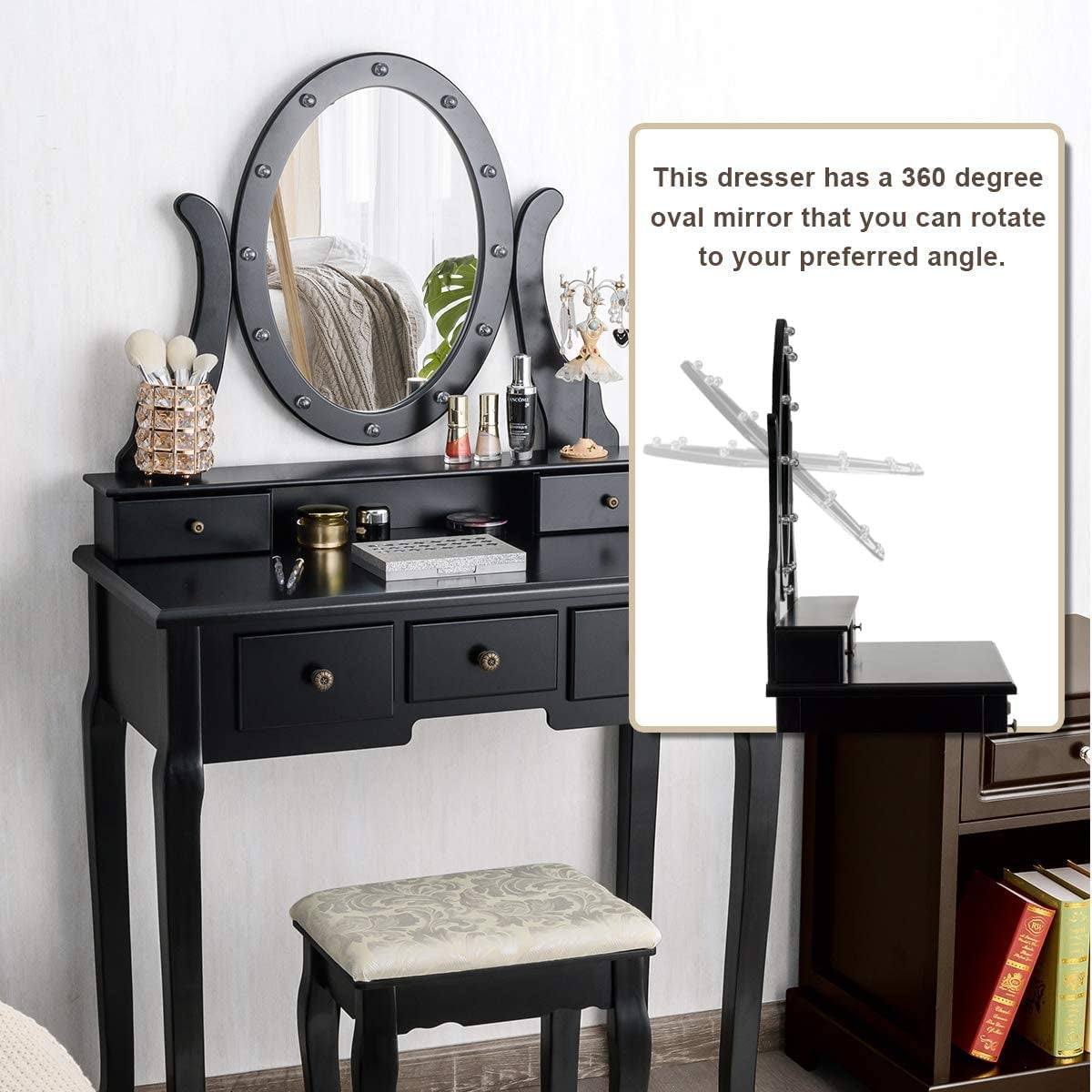 Black Vanity Dressing Table Set with Rotating Mirror-3