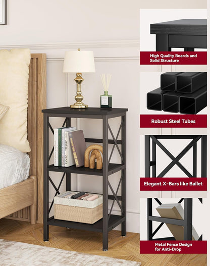 3 Tiers Bookcase, Industrial Metal Bookshelf with Side Fence, Storage Organizer for Living Room, Home Office, Bedroom, Display Racks, Sofa Side Table, 29.5 * 15.75 * 11.4", Black UHST008B-4