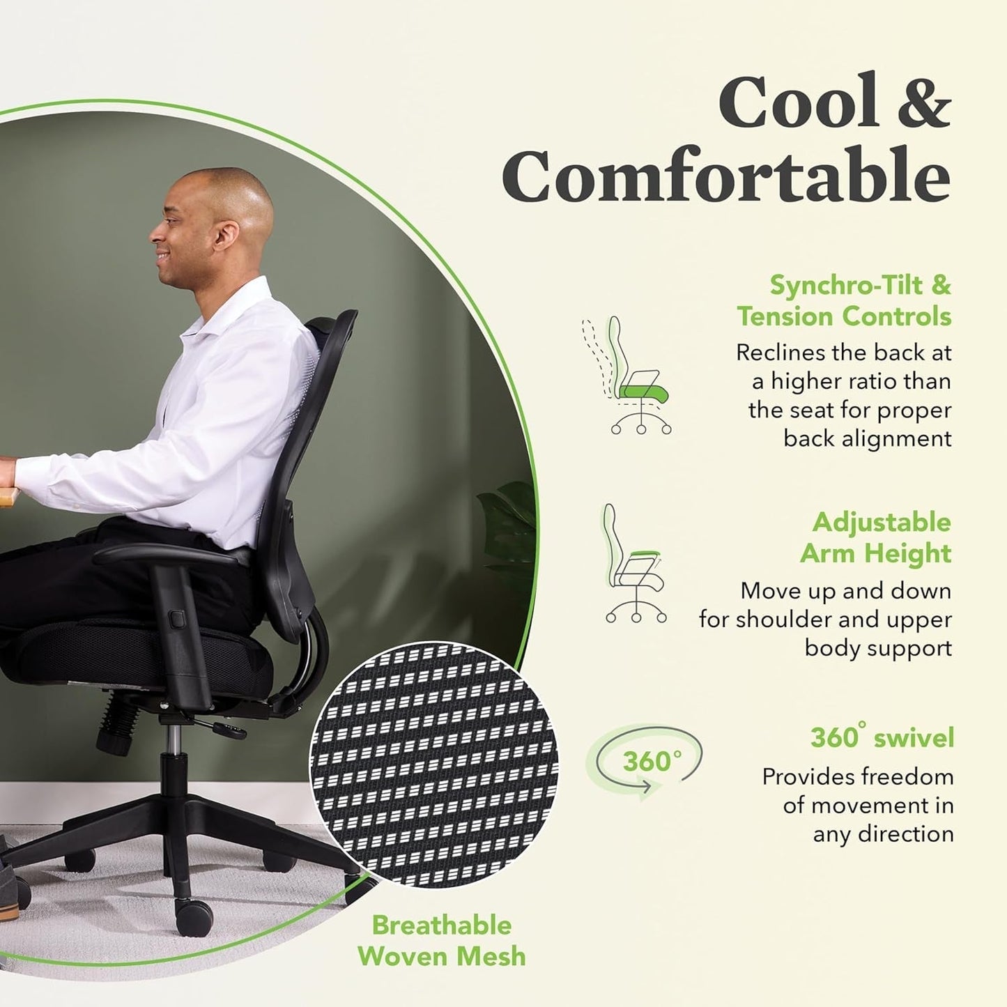 Wave High Back Office Chair Ergonomic Office Chair with Breathable Back Mesh Desk Chair with Wheels and Arms, 360 Swivel, Synchro-Tilt Recline - Home Office Desk Chair Comfortable for Long Hours-4