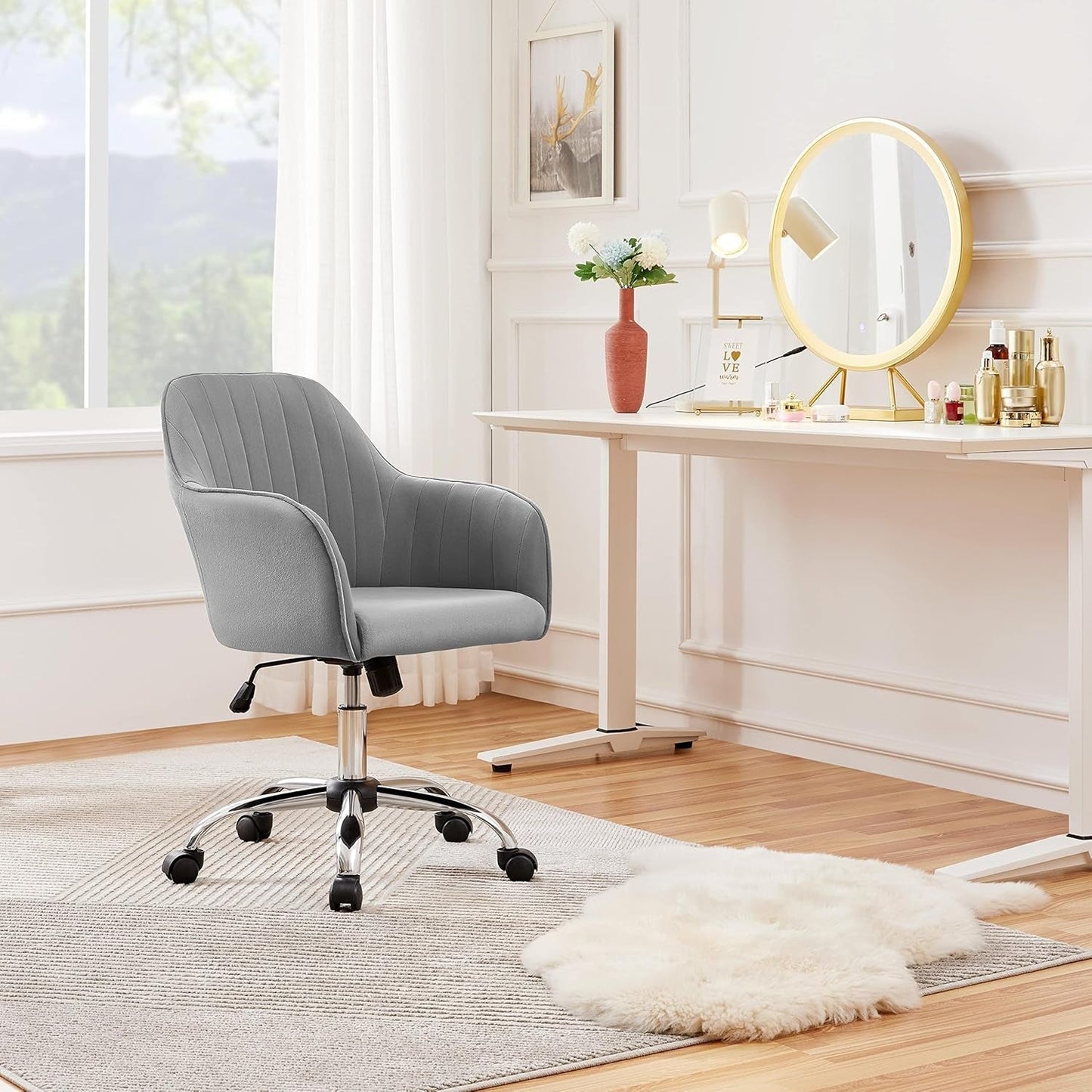Modern Velvet Desk Chair Vanity Chair Height-Adjustable Swivel Computer Chair for Makeup Room Living Room Bedroom Soft Upholstered Office Chair Light Gray-1
