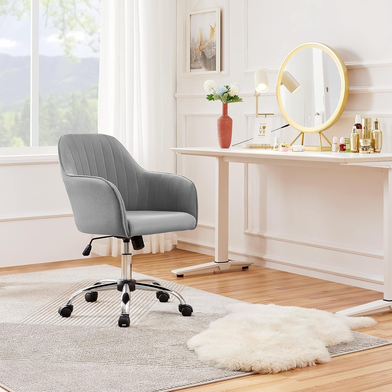 Modern Velvet Desk Chair Vanity Chair Height-Adjustable Swivel Computer Chair for Makeup Room Living Room Bedroom Soft Upholstered Office Chair Light Gray-1