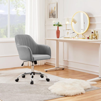 Modern Velvet Desk Chair Vanity Chair Height-Adjustable Swivel Computer Chair for Makeup Room Living Room Bedroom Soft Upholstered Office Chair Light Gray-1