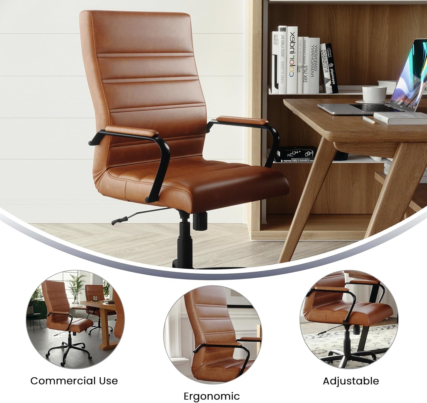 Whitney High-Back Swivel Leathersoft Desk Chair with Padded Seat and Armrests, Adjustable Height Padded Leathersoft Office Chair, Brown/Black Gold-4