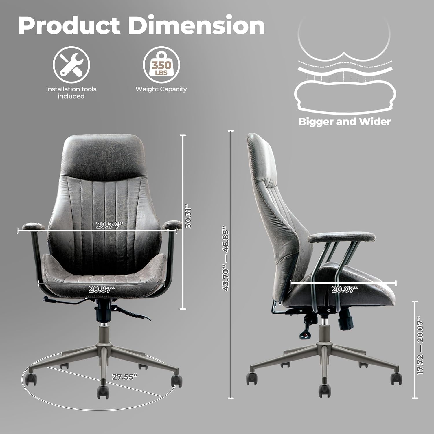 Ergonomic Home Office Chair, Mid-Century Modern Leather Chair with Lumbar Support, High Back Swivel Rolling Executive Chair, Comfy Task Computer Desk Chair (Dark Grey, Suede Leather)-1