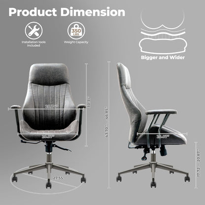 Ergonomic Home Office Chair, Mid-Century Modern Leather Chair with Lumbar Support, High Back Swivel Rolling Executive Chair, Comfy Task Computer Desk Chair (Dark Grey, Suede Leather)-1