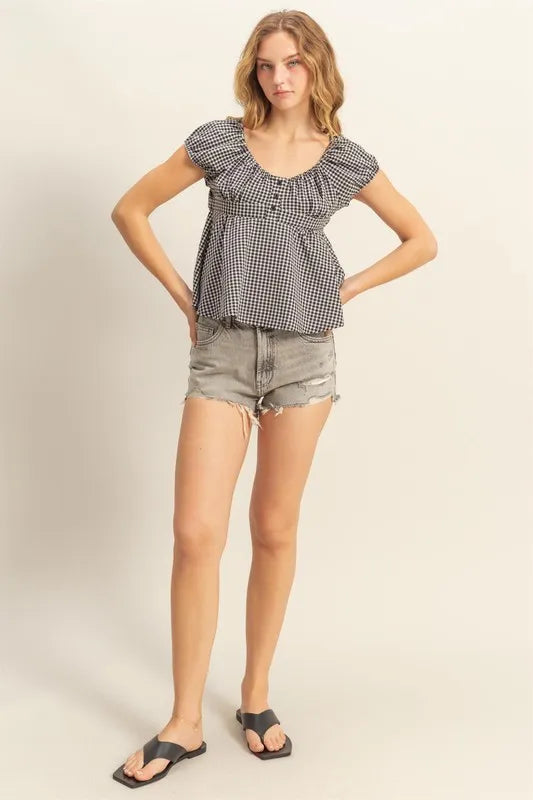 HYFVE Gingham Scoop Neck Cap Sleeve Blouse
