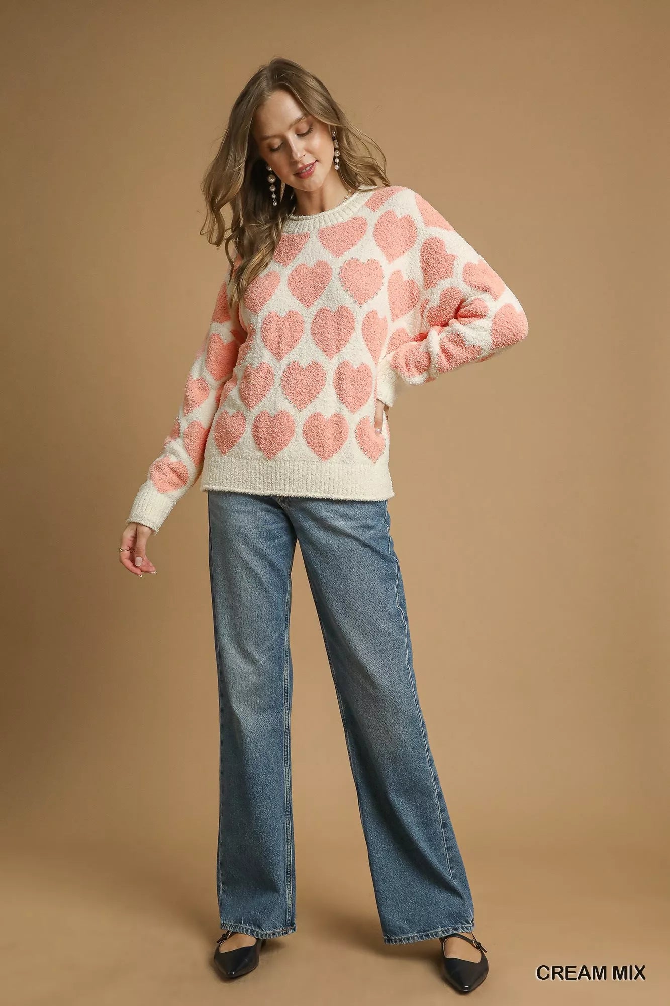 Umgee Mix Heart Pattern Pearl Accent Sweater