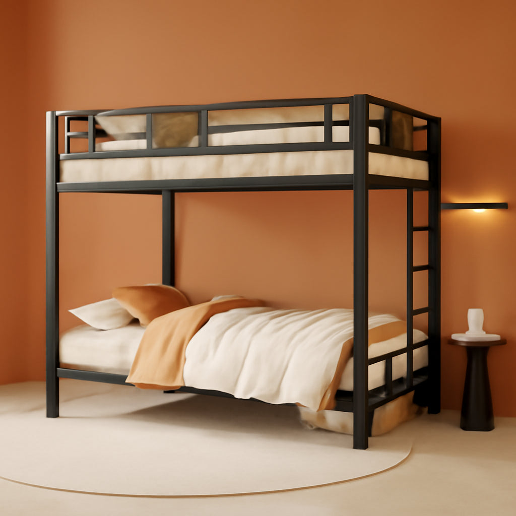 Loft Bunk Bed Twin over Twin Size with Ladder and Guardrail,Rustic Design,Metal Slats Support No Box Spring Needed Small Space Saving Furniture for Bedroom Dorm-0