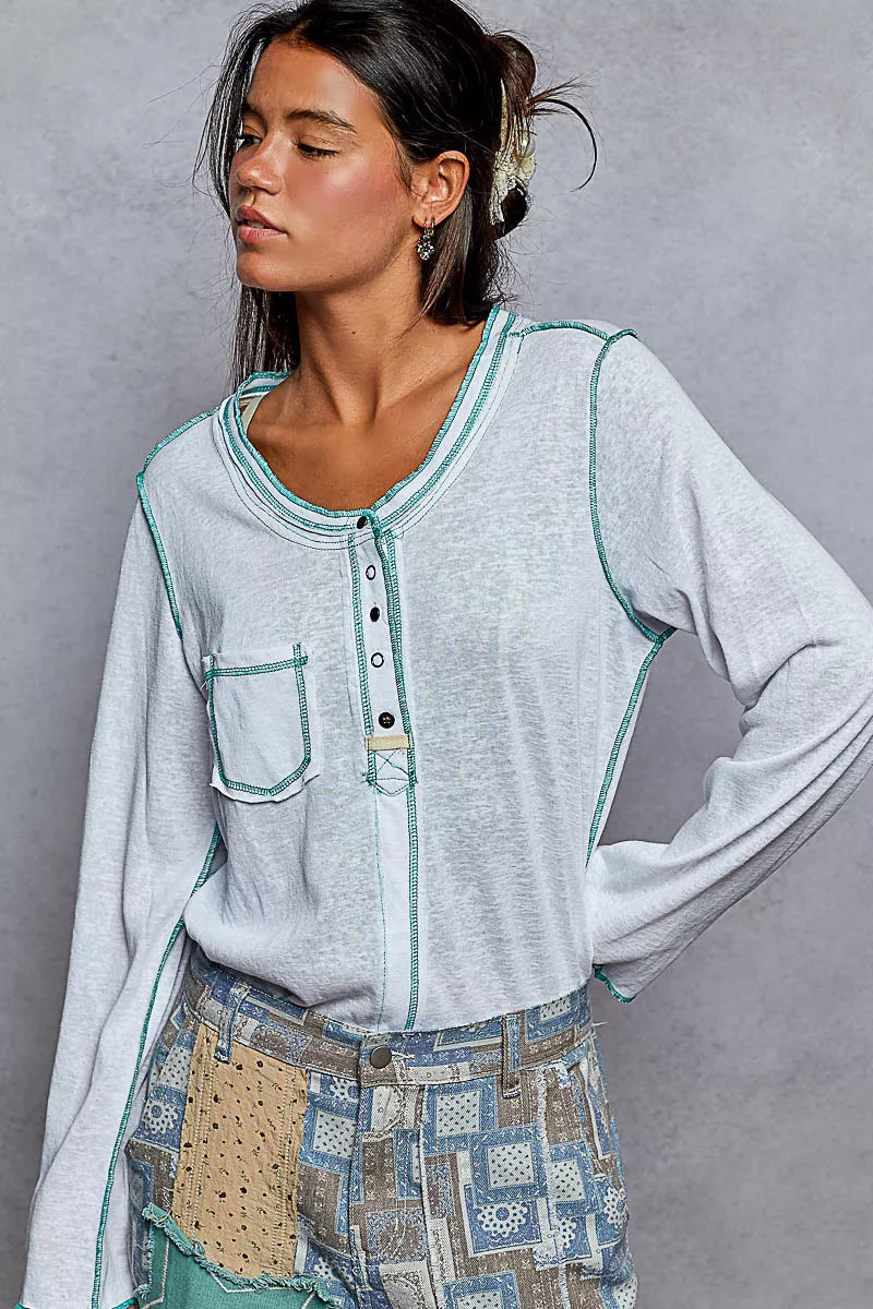 POL Round Neck Long Sleeve Top with Contrast Stitching