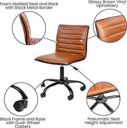 Alan Low-Back Ribbed Upholstered Vinyl Swivel Desk Chair with Padded Seat, Modern Adjustable Height Padded Office Chair, Brown-3