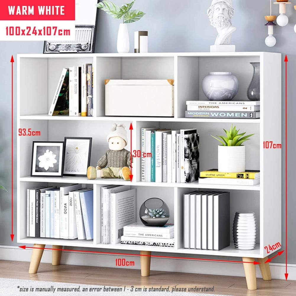 Wooden Open Shelf Bookcase - 3-Tier Floor Standing Display Cabinet Rack with Legs, 8 Cubes Bookshelf, Warm White-1