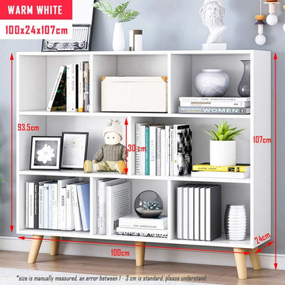 Wooden Open Shelf Bookcase - 3-Tier Floor Standing Display Cabinet Rack with Legs, 8 Cubes Bookshelf, Warm White-1