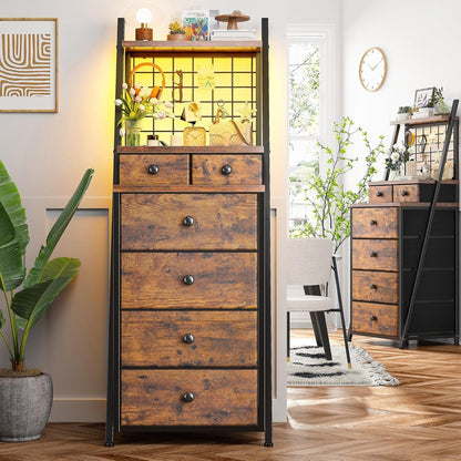 Vertical Dresser for Bedroom 6-Drawer LED Dressers & Chest of Drawers Sturdy Bedroom Dressers with Grid for Living Room,Closet,Entryway,Dorm,Rustic Brown-4