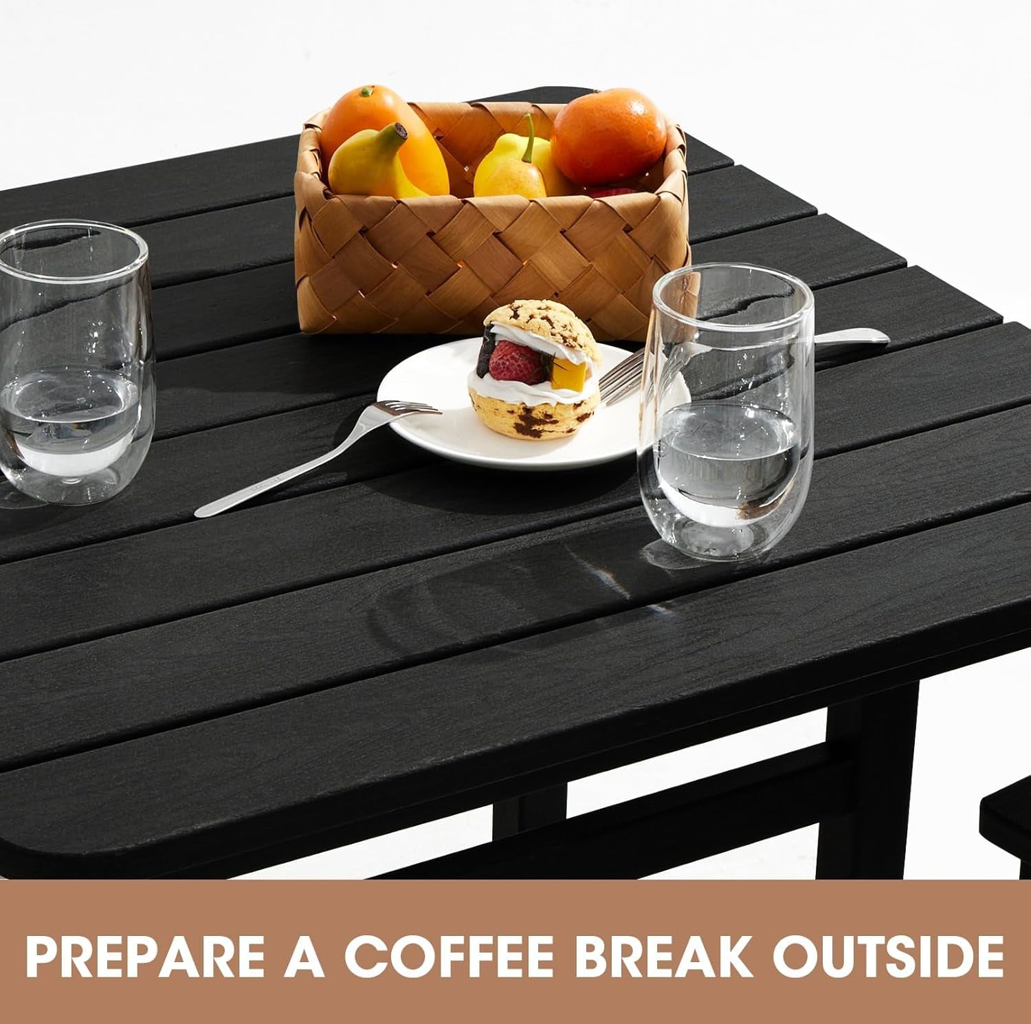 Balcony Adirondack Chairs and Table 3 Pieces Set, Adirondack Bar Height Chairs Set of 2 and Bar Table, Outdoor Bar Stools Set for Bistro, Poolside, Backyard, Black-3