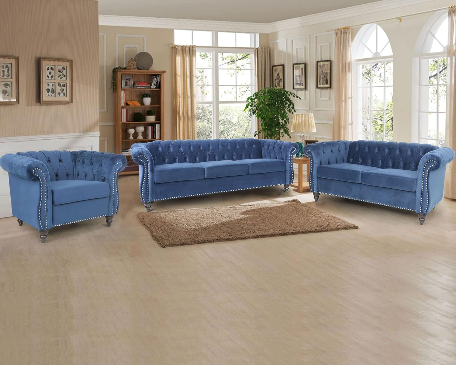 3 Pieces of Living Room Furniture Sofa Sets, Modern Velvet Chesterfield Sofa&Chesterfield Club Chair&Chesterfield Loveseat Sofas Set with Nailhead Trim Scroll Arms for Living Room(Blue)-2