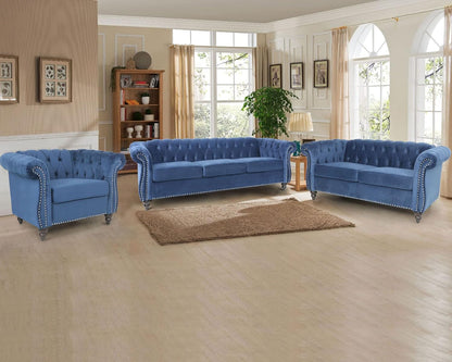 3 Pieces of Living Room Furniture Sofa Sets, Modern Velvet Chesterfield Sofa&Chesterfield Club Chair&Chesterfield Loveseat Sofas Set with Nailhead Trim Scroll Arms for Living Room(Blue)-2