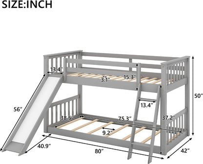 Grey Low Twin Bunk Bed with Slide and Ladder-2
