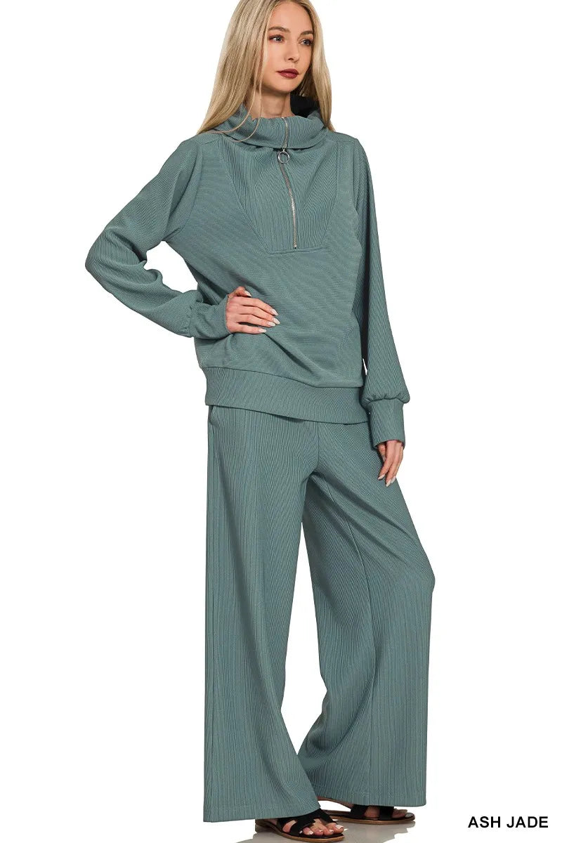 Zenana Ribbed High Neck Half Zip Pullover & Pants Set