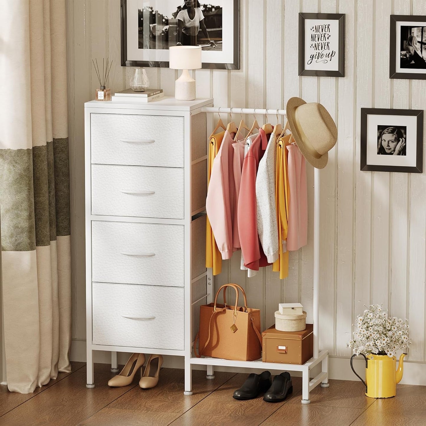 Dresser with Hanging Rack, Small Dresser 4 Drawers for Bedroom, Kids Dresser Reversable for Closet with Clothes Rack, Tall Chest of Fabric Drawers, Sturdy Frame, White, 44''H-2