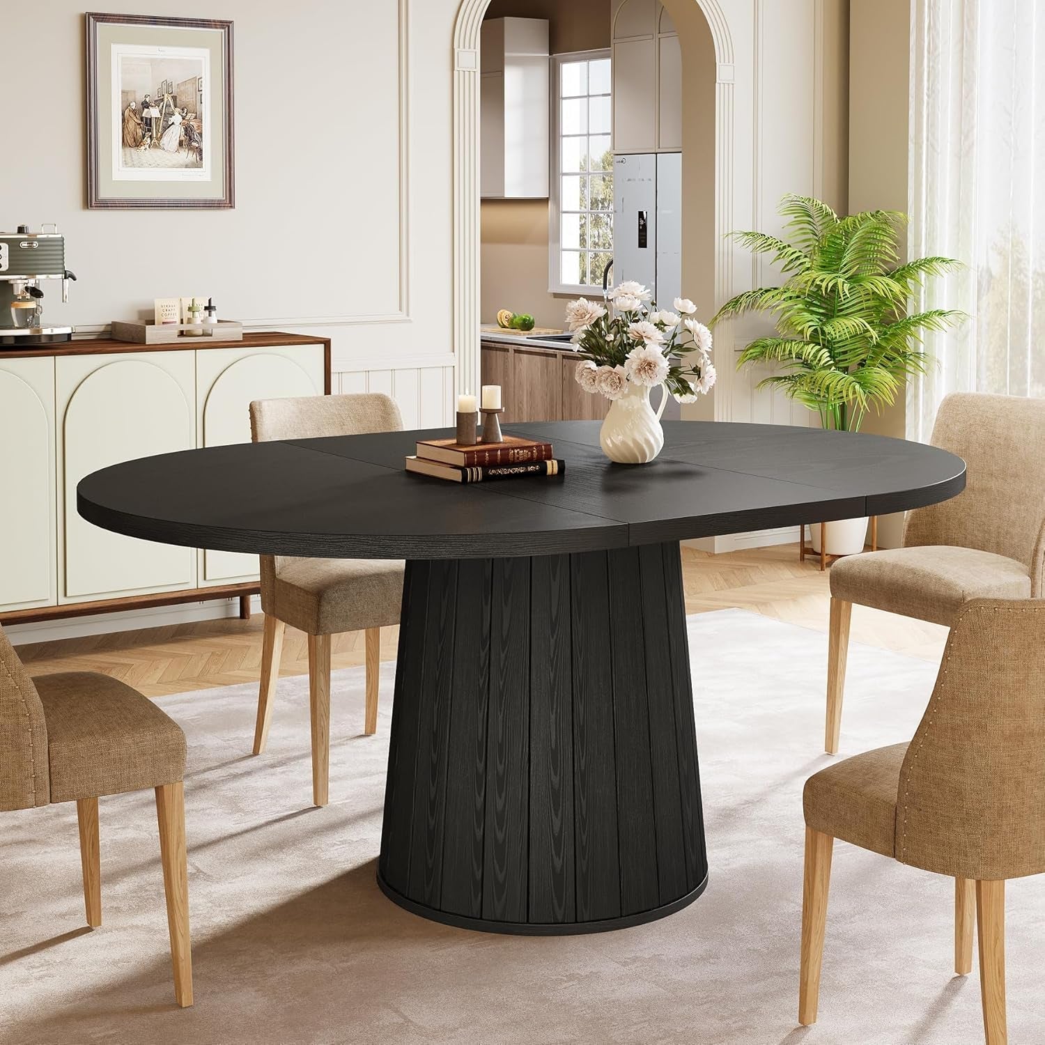 Oval Dining Table 55 Inch Black With Cylindrical Pedestal-1