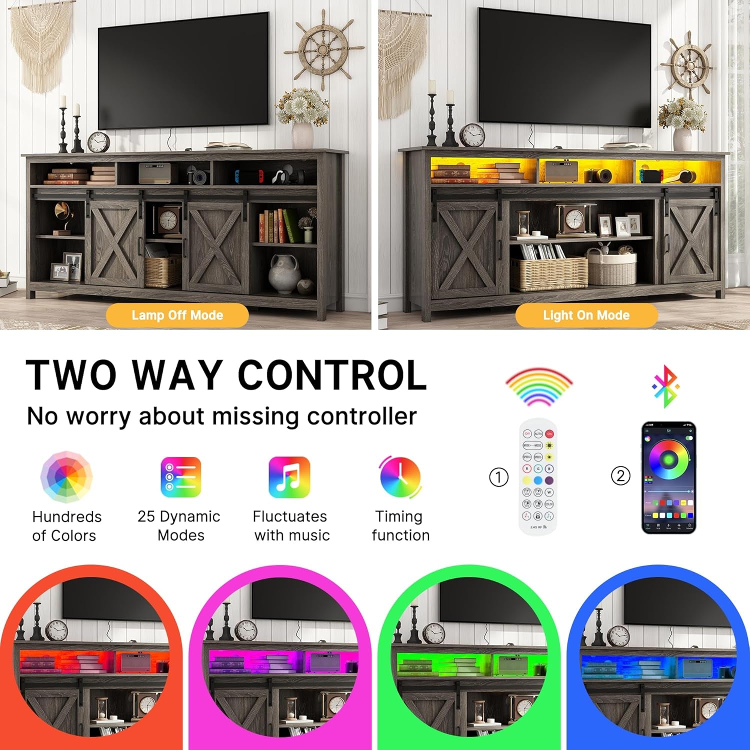 70In Wooden Farmhouse Entertainment Center for 80/75 Inch Tv,Double Layer Storage Farmhouse TV Stand,Double-Row Sockets with Wood Sliding Barn Door TV Stand(Double Layer Grey Wash)-4