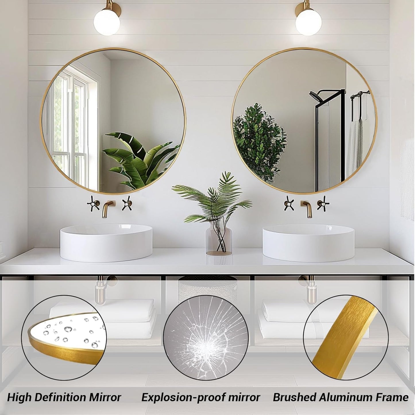 Gold round Mirror, 24 Inch Circle Mirror, Gold Metal Frame, round Wall Mounted Mirrors for Bathroom, Hallway, Living Room, Bedroom.-1