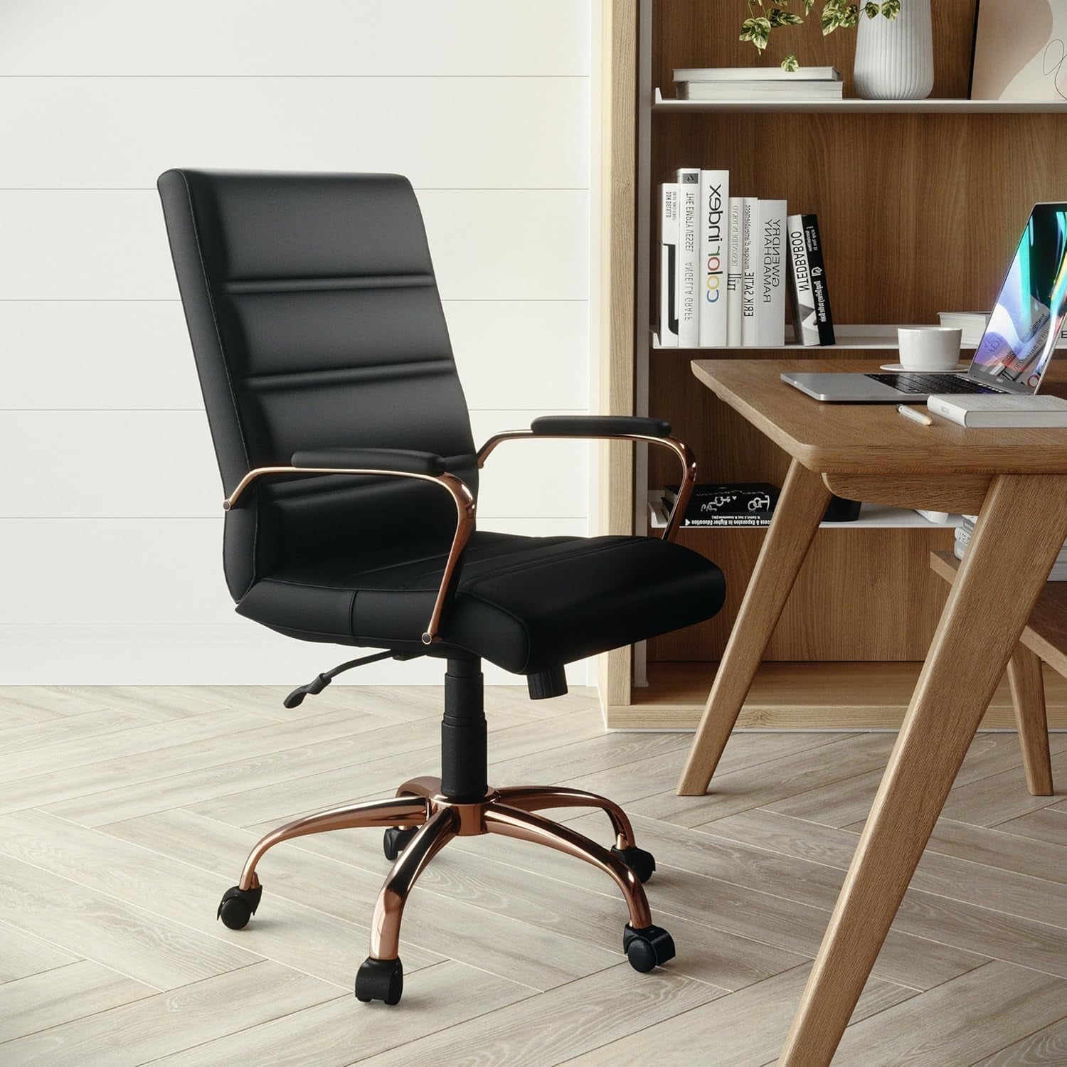 Whitney Mid-Back Swivel Leathersoft Desk Chair with Padded Seat and Armrests, Adjustable Height Padded Leathersoft Office Chair, Black/Rose Gold-1